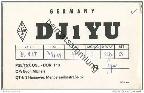 QSL - Funkkarte - DJ1YU - Hannover - 1969
