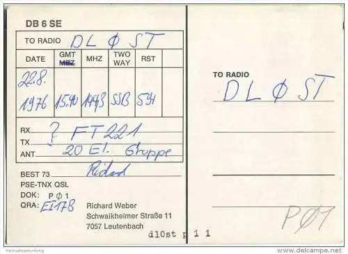 QSL - Funkkarte - DB6SE - Leutenbach - AEG-Telefunken - 1976