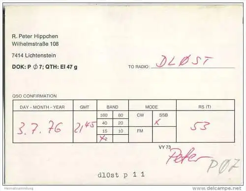 QSL - Funkkarte - DB1TC - Lichtenstein - Wandel &amp; Goltermann - 1976