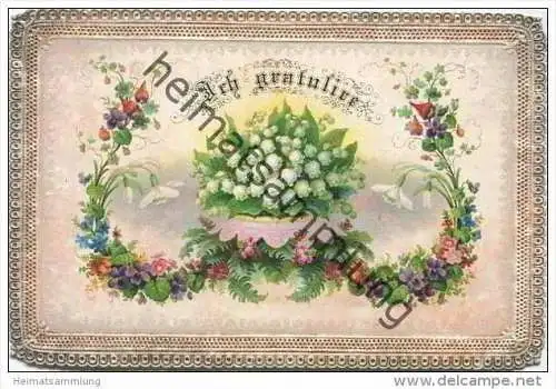 Ich gratuliere 1872 - Maiglöckchen Veilchen und andere Blumen - 7cm x 10cm