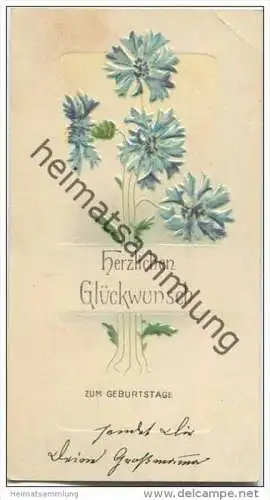 Herzlichen Glückwunsch zum Geburtstage - Kornblumen - Prägedruck - 6cm x 11cm - beschrieben 1896