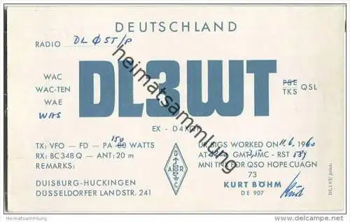 QSL - Funkkarte - DL3WD - Duisburg-Huckingen - 1960
