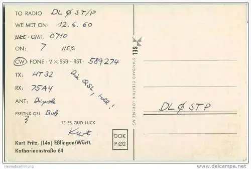 QSL - Funkkarte - DL1CR - Esslingen - Lorenz Röhren - 1960