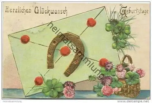 Geburtstag - Hufeisen - Blumen - Glücksklee - Prägedruck