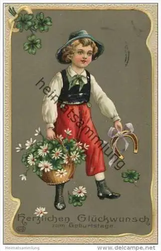 Geburtstag - Kind mit Blumenkorb - und Hufeisen - Prägedruck