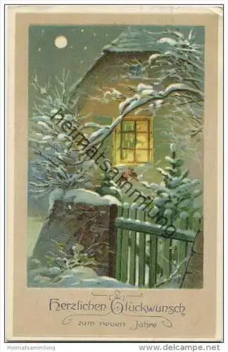 Neujahr - Haus im Schnee - Prägedruck
