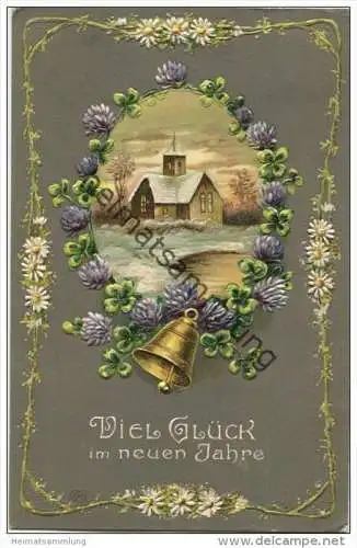 Neujahr - Glocke - Kapelle - Klee - Prägedruck