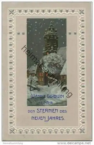 Neujahr - Schneelandschaft - Sternenhimmel - Prägedruck