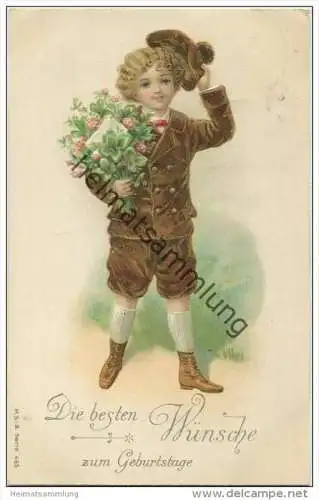 Geburtstag - Kind mit Blumenstrauss - Glücksklee - Prägedruck