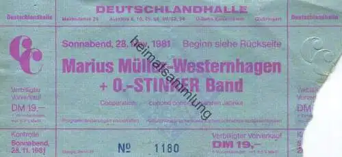 Deutschland - Berlin - Deutschlandhalle 1981 - Marius Müller-Westernhagen + O.-Stinker Band - Eintrittskarte