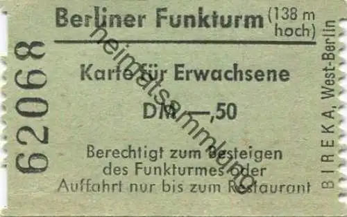 Deutschland - Berlin - Berliner Funkturm - Karte für Erwachsene DM-.50