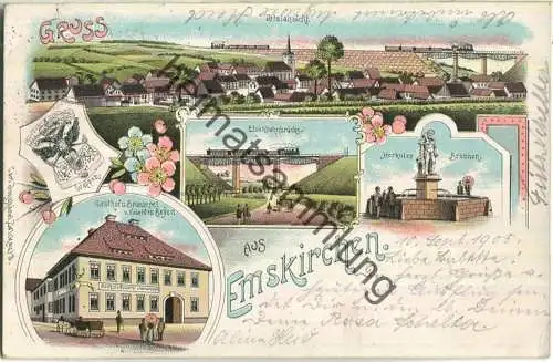 Emskirchen - Eisenbahnbrücke - Gasthof von Valentin Beyer - gel. 1905 - Verlag Carl Junghänel Zwickau