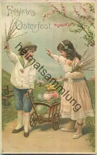 Fröhliches Osterfest - Junge und Mädchen mit Leiterwagen - Prägedruck