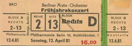 Deutschland - Berlin - Philharmonie Matthäikirchstrasse 1 - Berliner Ärzte-Orchester Frühjahrskonzert - Eintrittskarte 1