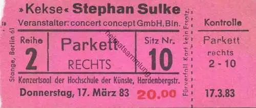 Deutschland - Berlin - Konzertsaal der Hochschule der Künste Hardenbergstrasse - "Kekse" Stephan Sulke - Eintrittskarte