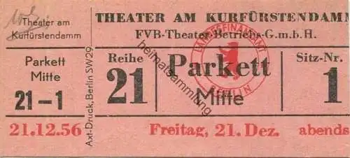 Deutschland - Berlin - Theater am Kurfürstendamm - Eintrittskarte 1956