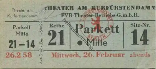 Deutschland - Berlin - Theater am Kurfürstendamm - Eintrittskarte 1958