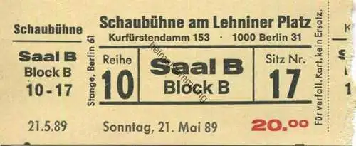 Deutschland - Berlin - Schaubühne am Lehniner Platz - Kurfürstendamm 153 - Eintrittskarte 1989