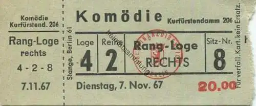 Deutschland - Berlin - Komödie - Kurfürstendamm 206 - Eintrittskarte 1967