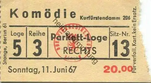 Deutschland - Berlin - Komödie - Kurfürstendamm 206 - Eintrittskarte 1967