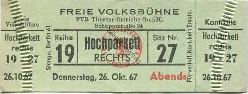 Deutschland - Berlin - Freie Volksbühne - Schaperstrasse 24 - Eintrittskarte 1967