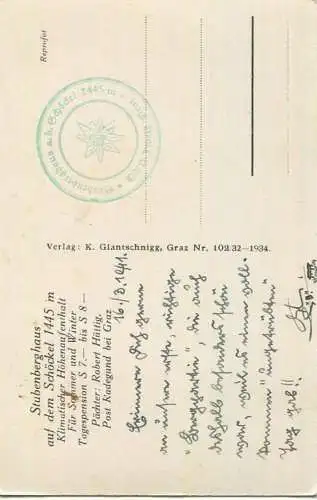 Stubenberghaus - Foto-AK - Verlag K. Giantschnigg Graz 1934 - Rückseite beschrieben 1941