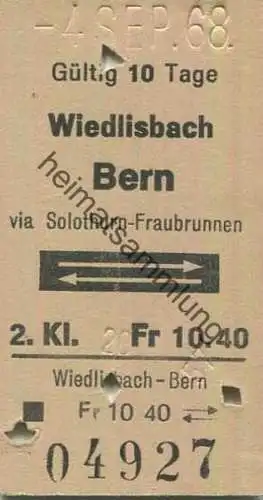 Schweiz - Wiedlisbach Bern via Solothurn-Fraubrunnen und zurück - Fahrkarte 1968 2.Kl. Fr 10.40