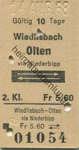 Schweiz - Wiedlisbach Olten via Niederbipp und zurück - Fahrkarte 1968 2.Kl. Fr 5.60