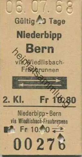 Schweiz - Niederbipp Bern via Wiedlisbach Fraubrunnen und zurück - Fahrkarte 1968 2.Kl. Fr 10.80