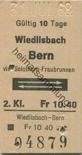 Schweiz - Wiedlisbach Bern via Solothurn-Fraubrunnen und zurück - Fahrkarte 1968 2. Kl. Fr 10.40