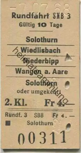 Schweiz - Rundfahrt SNB 3 - Solothurn Wiedlisbach Niederbipp Wangen a. Aare Solothurn oder umgekehrt - Fahrkarte 1968 2.