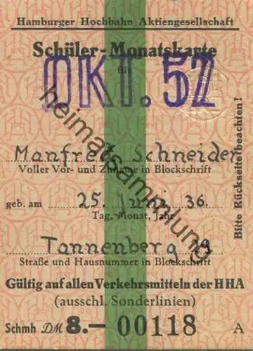 Deutschland - Hamburg - HHA - Hamburger Hochbahn AG - Schüler-Monatskarte Oktober 1952 DM 8.- - Gültig auf den Verkehrsm