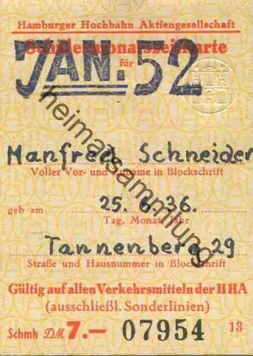 Deutschland - Hamburg - HHA - Hamburger Hochbahn AG - Schülermonatszeitkarte Januar 1952 DM 7.- - Gültig auf den Verkehr