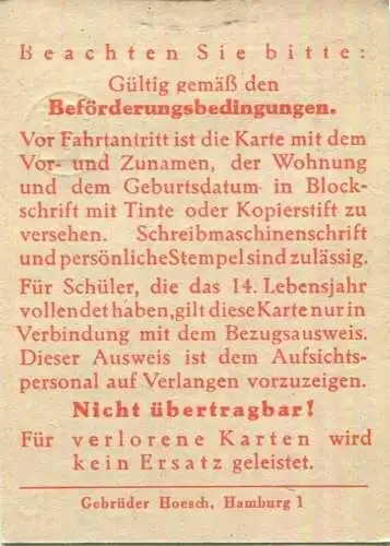 Deutschland - Hamburg - HHA - Hamburger Hochbahn AG - Schülermonatszeitkarte Januar 1952 DM 7.- - Gültig auf den Verkehr