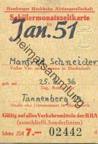 Deutschland - Hamburg - HHA - Hamburger Hochbahn AG - Schülermonatszeitkarte Januar 1951 DM 7.- - Gültig auf den Verkehr