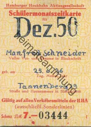 Deutschland - Hamburg - HHA - Hamburger Hochbahn AG - Schülermonatszeitkarte Dezember 1950 DM 7.- - Gültig auf den Verke