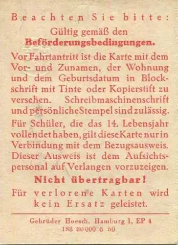 Deutschland - Hamburg - HHA - Hamburger Hochbahn AG - Schülermonatszeitkarte Dezember 1950 DM 7.- - Gültig auf den Verke