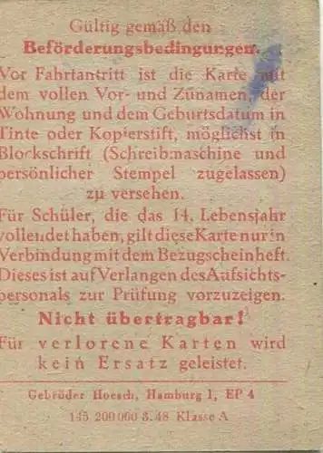 Deutschland - Hamburg - HHA - Hamburger Hochbahn AG - Schülermonatszeitkarte Dezember 1949 RM 5.- - Gültig auf den Verke