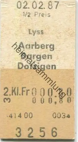 Schweiz - Lyss Aarberg Bargen Dotzigen - Fahrkarte 1987 1/2 Preis