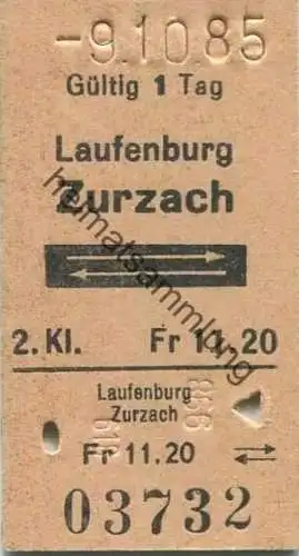 Schweiz - Laufenburg - Zurzach und zurück - Fahrkarte 1985 - 2. Kl. Fr. 11.20