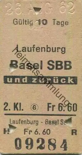 Schweiz - Laufenburg - Basel SBB und zurück - Fahrkarte 1962 - 2. Kl. Fr. 6.60