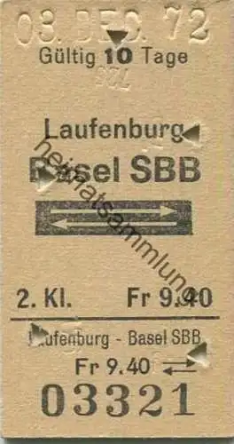 Schweiz - Laufenburg - Basel SBB und zurück - Fahrkarte 1973 - 2. Kl. Fr.9.40