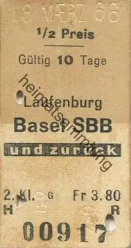 Schweiz - Laufenburg - Basel SBB und zurück - Fahrkarte 1966 1/2 Preis - 2.Kl. Fr. 3.80