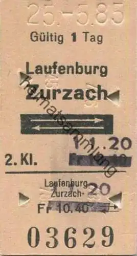 Schweiz - Laufenburg - Zurzach und zurück - Fahrkarte 1985 - 2. Kl. Fr. 11.20 Überdruck