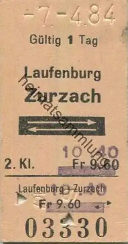 Schweiz - Laufenburg - Zurzach und zurück - Fahrkarte 1984 - 2. Kl. Fr. 10.40