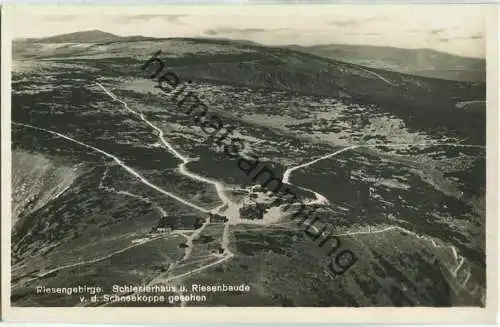 Riesengebirge - Schlesierhaus und Riesenbaude von der Schneekoppe gesehen - Foto-Ansichtskarte