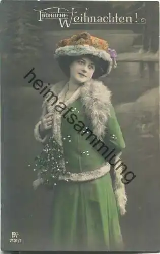 Fröhliche Weihnachten - Frau mit Mistelzweig - coloriert - Verlag KKHG 2191/1