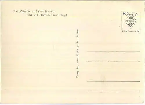 Das Münster zu Salem - Blick auf Hochaltar und Orgel- Foto-Ansichtskarte - Verlag Karl Alber Freiburg