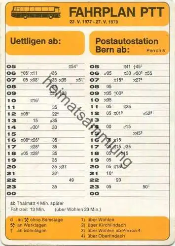 Schweiz - Fahrplan PTT 1977/1978 - Uettligen Bern - rückseitig Werbung