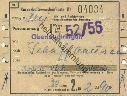 Deutschland - Kurzarbeiterwochenkarte für 3 Hin- und Rückfahrten - Oberlachringen Schaffhausen - Fahrkarte 1956